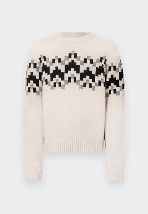 Maglione lavorato a maglia beige con motivo geometrico nero, grigio e beige sul petto e sulle maniche, con polsini e orlo a coste.