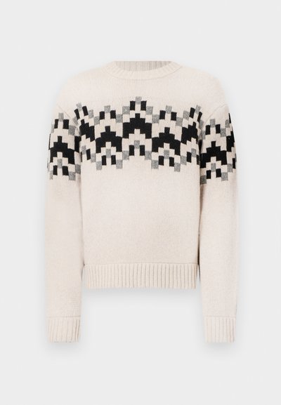 Pulover tricotat bej cu model geometric în nuanțe de negru, gri și bej pe piept și mâneci, având manșete și tiv ondulate.