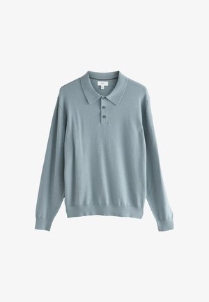 Hellblaues Langarm-Polo-Sweatshirt mit drei-Knopf-Leiste sowie geripptem Kragen und Bündchen. Weicher Stoff, lockere Passform und einfarbig.