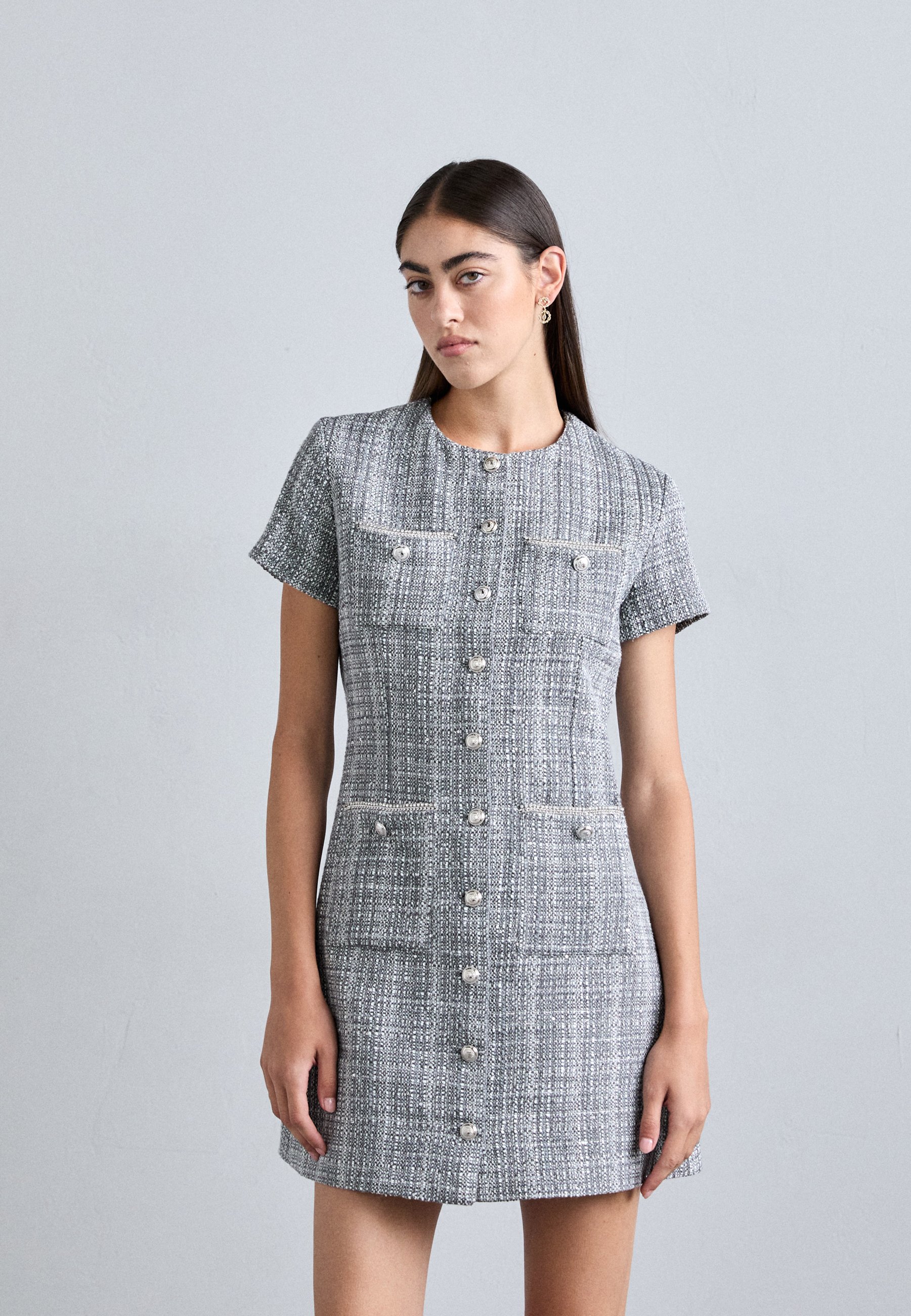 Robe Tunique Maje Taille 34 - Imprimé Carreaux Bleus Et Gris, Manches Courtes, Style Casual Avec Capuche