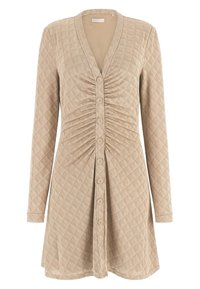 Beige dress with long sleeves, V-neckline, front button closure, and textured diamond pattern, featuring gathered detailing at the bust.