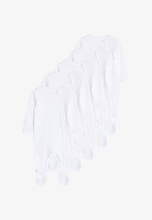 Set van vijf witte rompertjes voor baby's, gemaakt van zachte stof, met lange mouwen, ritssluitingen en voetjes. Eenvoudige en naadloze constructie.