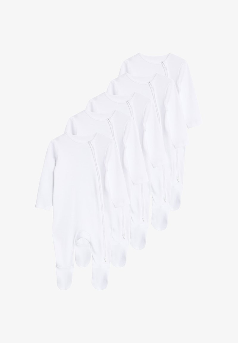 Set van vijf witte rompertjes voor baby's, gemaakt van zachte stof, met lange mouwen, ritssluitingen en voetjes. Eenvoudige en naadloze constructie.
