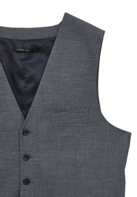 Gray, sleeveless vest made of textured fabric. Features a notched collar, five black buttons, a left chest pocket, and a smooth inner lining.