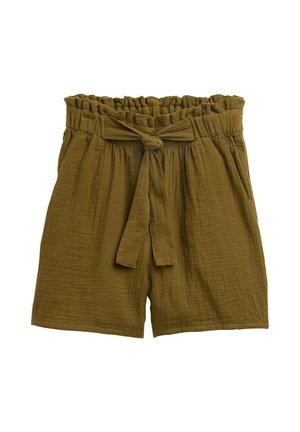 Olivgrüne Shorts aus leichtem, strukturiertem Stoff mit einem elastischen Bund, Bindegürtel und seitlichen Taschen.
