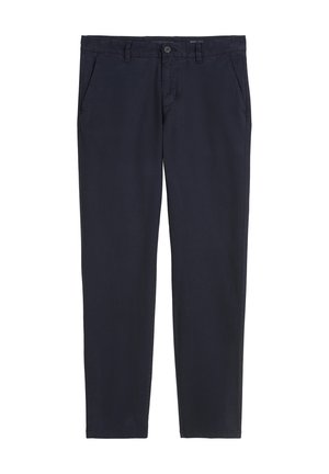 Pantalons en coton bleu marine avec deux poches avant, un bouton de fermeture et une coupe droite. Texture lisse, détails minimaux.