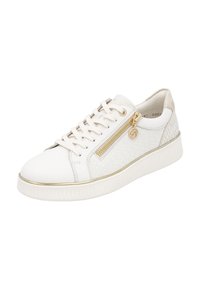 Weiße Sneaker mit strukturiertem Muster, goldenen Reißverschlussdetails und goldenen Akzenten. Verfügt über eine flache Gummisohle und eine Schnürung mit beigen Akzenten.