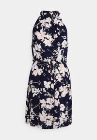 Kwiatowa sukienka na ramiączkach w granatowym kolorze z białymi kwiatami, zaciśnięta w talii i z luźną spódnicą. Wykonana z lekkiego materiału o gładkiej teksturze.