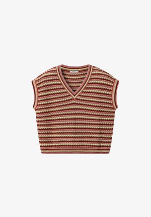 Gilet sans manches en tricot avec col en V, présentant des rayures horizontales dans des tons rouge, rose, crème et vert avec un motif texturé.