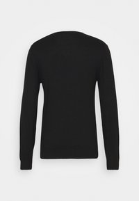 Schwarzer, langärmliger Pullover aus Strickstoff. Mit einem runden Ausschnitt und gerippten Bündchen sowie Saum. Keine sichtbaren Muster oder Akzente.