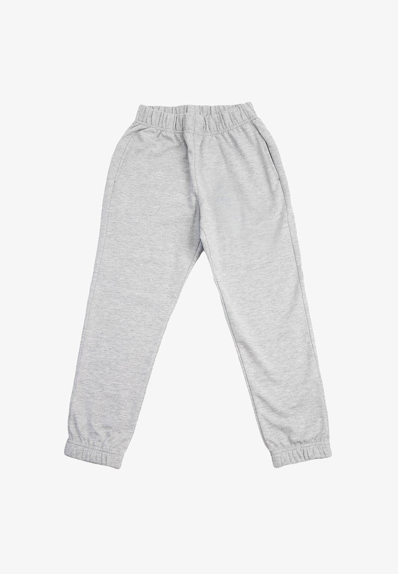 Jasnoszare dresy wykonane z miękkiego materiału, z elastycznym pasem w talii i zwężanymi nogawkami dla wygody oraz swobody ruchów.