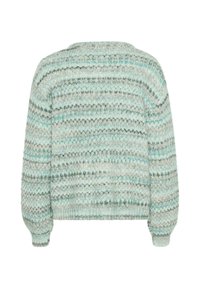 Pulover tricotat texturat cu un model de dungi în nuanțe de albastru deschis-verde. Prezintă un decolteu rotund și manșete elastice. Material moale și pufos.