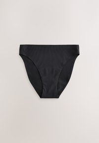 Sous-vêtements féminins noirs sans couture style bikini avec une légère texture côtelée sur fond gris clair.