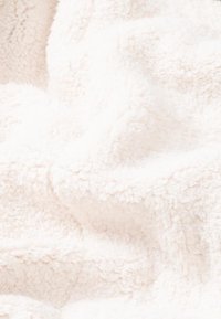 Mäkká, plyšová deka v odtieňoch slonoviny, s textúrovaným, chĺpkovým povrchom a jemným vzorom tkaniny. Materiál vyzerá hrubý a útulný.