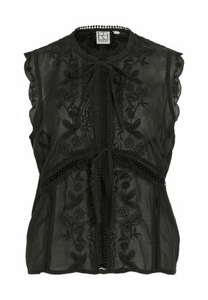 Blouse noire sans manches avec broderie florale, col noué devant et empiècements en dentelle, en tissu transparent.