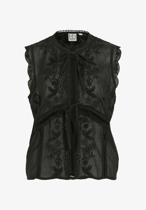 Blouse noire sans manches avec broderie florale, col noué devant et empiècements en dentelle, en tissu transparent.