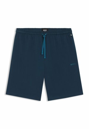 Pantaloni corti blu navy realizzati in tessuto morbido, con un elastico in vita e un cordino, e un piccolo logo ricamato nell'angolo in basso.
