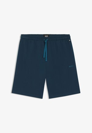 Tummansiniset sortsit, jotka on valmistettu pehmeästä kankaasta. Niissä on joustava vyötärö, jossa on nauha, ja pieni brodeerattu logo alakulmassa.