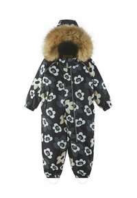 Black floral snowsuit with a faux fur-lined hood, featuring large white and grey flowers, elasticized cuffs, and zipper closure.