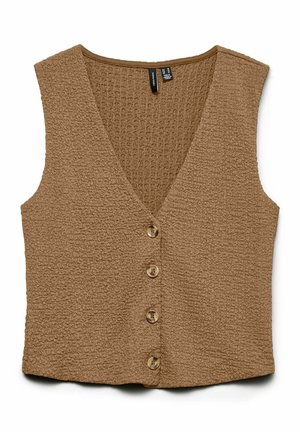 Textureret brun cropped vest med en dyb V-udskæring, knaplukning fortil og uden ærmer. Har seks runde knapper og et subtilt vævet design.