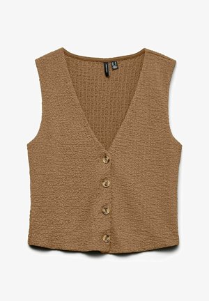 Kihisev pruun lõikevest, millel on sügav V-kaelus, nööbiees ja ilma varrukateta. Varrukae puuduvad ja sellel on kuus ümmargust nööpi ning peen kudumise muster.