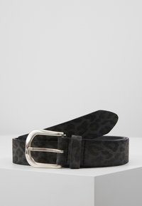 Black suede belt with a leopard pattern, featuring a silver metal buckle and a single leather keeper. Smooth texture with a sleek design.