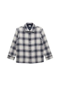 Button-up Hemd mit einem karierten Muster in Marineblau, Weiß und Hellrot. Hergestellt aus leichtem Stoff, mit Kragen und langen Ärmeln.