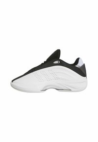 Scarpa da atletica in bianco e nero con tomaia in sintetico liscio, linguetta in rete, dettagli perforati e design della suola curvo.