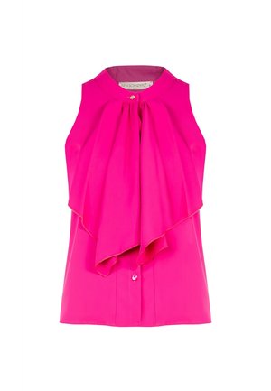 Ärmellose, leuchtend pinke Bluse mit hohem Ausschnitt, vorne drapiertem Stoffdetail und Knopfverschluss am Hals und am unteren Vorderteil.