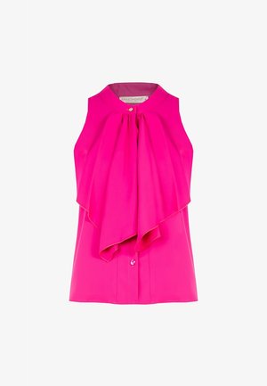 Ärmellose, leuchtend pinke Bluse mit hohem Ausschnitt, vorne drapiertem Stoffdetail und Knopfverschluss am Hals und am unteren Vorderteil.