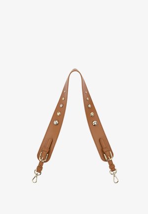 Brown leather handbag strap features metallic studs, adjustable buckle, and swivel clips at both ends for attachment. Smooth texture throughout.