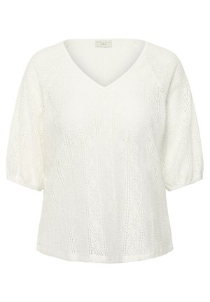 White V-neck blouse with puffed short sleeves and textured lace pattern, loose fit, labeled Kaffe Curve.