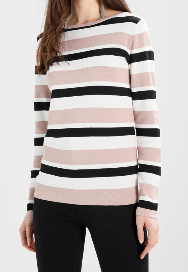 Maglia a maniche lunghe a righe nei colori rosa, nero e bianco; realizzata in tessuto morbido con scollo rotondo e design aderente.