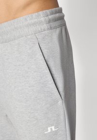 Gray athletic pants featuring a soft, textured fabric, elastic waistband with double stitching, and side pockets. White logo accent on the leg.