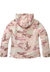 Jachetă cu un model de camuflaj roz, cu glugă, realizată dintr-un material elegant. Dispune de un guler înalt și șnururi reglabile la tiv.