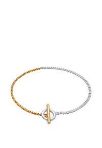 Csavarodott karkötő, amely arany- és ezüstláncból készült, vegyes fémes csattal. Az ezüstlánc sima, az aranylánc pedig érdes.