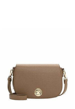 Brown leather crossbody bag with a textured finish, curved flap, and a gold-tone clasp detail. Features an adjustable strap.