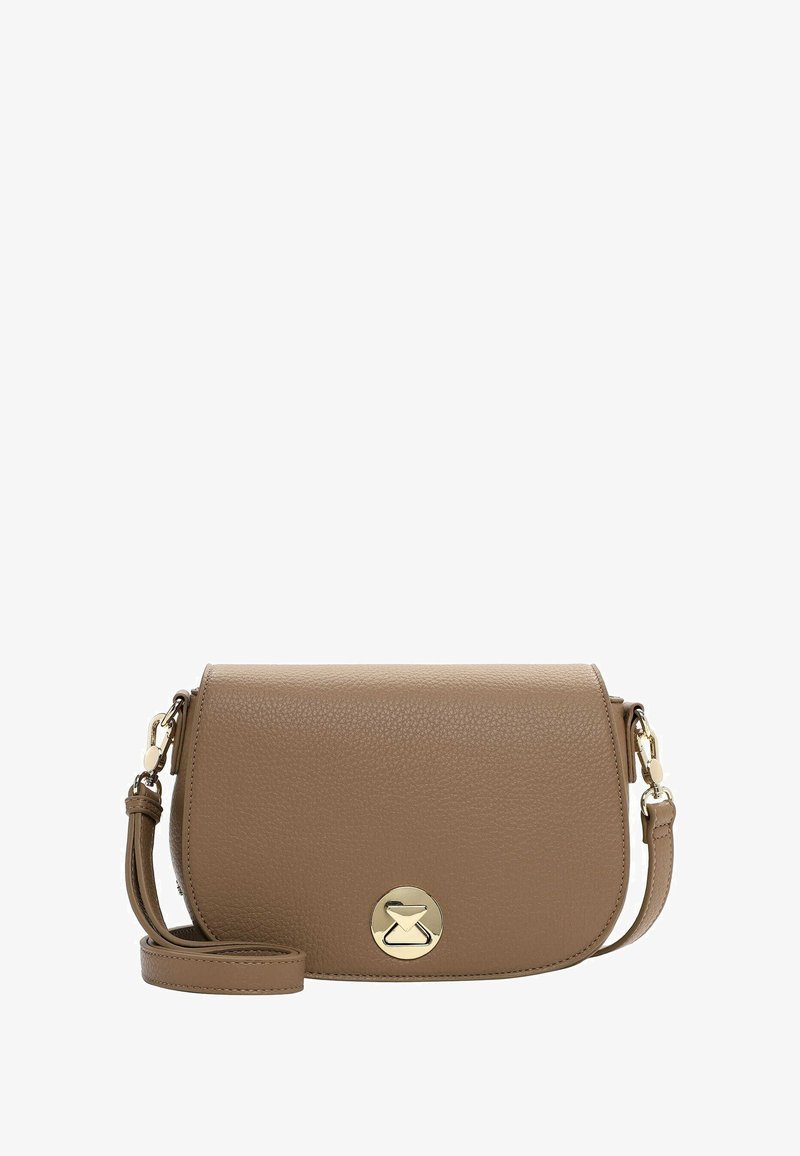 Borsa a tracolla in pelle marrone con finitura texturizzata, pattina curva e dettagli in metallo dorato. Dotata di tracolla regolabile.