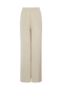 Beige wide-leg trousers with an elastic waistband, lightweight crinkled texture, and a loose fit. No visible pockets or fastenings.