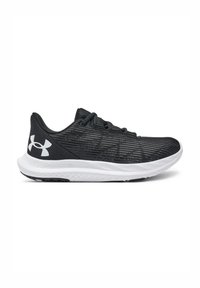 Zapatilla deportiva negra con parte superior texturizada, suela blanca y un diseño de rayas sutil. Presenta cordones y un logo en el talón.
