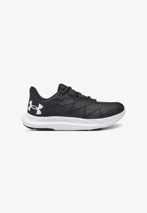 Black athletic shoe with a textured upper, white sole, and subtle striped design. Features laces and a logo on the heel.