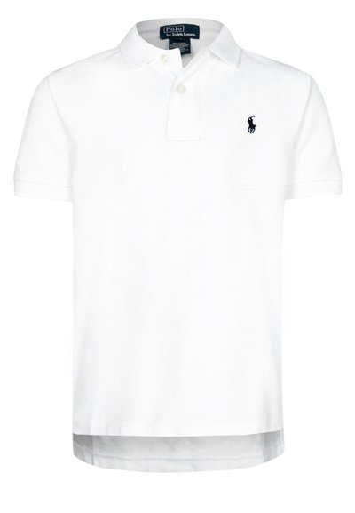 Polo bianca a maniche corte con colletto, abbottonatura a due bottoni e piccolo logo ricamato nero a forma di cavallo sul petto a sinistra.