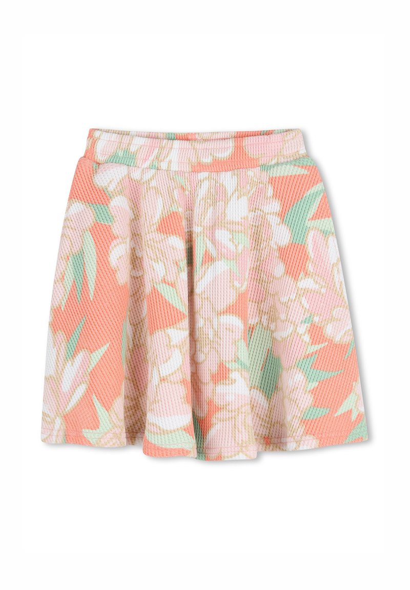 Jupe à imprimé floral en corail, vert et blanc. Fabriquée en tissu texturé avec un design légèrement froncé, dotée d'une ceinture élastique.