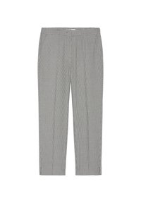 Pantalons à carreaux gris avec une coupe droite, des poches latérales et une texture lisse. Le tissu présente un motif à grille fine sur l'ensemble.