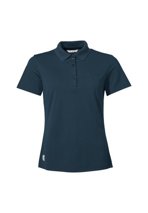Donkerblauwe polo shirt van gladde stof, met een klassieke kraag, vijf knopen en geborduurde logo op de borst.