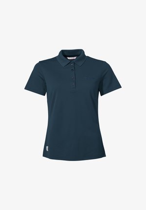 Donkerblauwe polo shirt van gladde stof, met een klassieke kraag, vijf knopen en geborduurde logo op de borst.