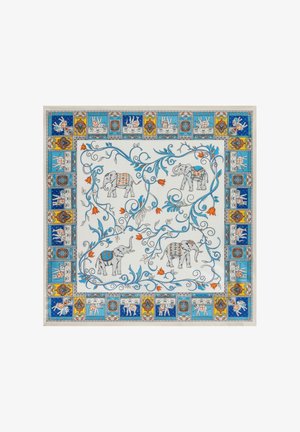 White square scarf with blue and orange floral vines, featuring four decorated elephants and a patterned blue border with smaller elephant motifs.