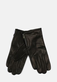 Zwarte leren handschoenen met een gestructureerde afwerking, voorzien van een ritssluiting en een ontwerp met vijf vingers. Glad interieur voor comfort.