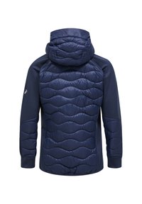 Navy insulated jacket with a quilted pattern on the upper back and sleeves. Features a hood and ribbed cuffs for warmth and comfort.
