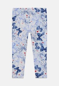 Leggings ornés d'un motif de nœuds bleus et blancs avec des cœurs rouges. Confectionnés dans un tissu doux avec une taille élastique pour le confort.